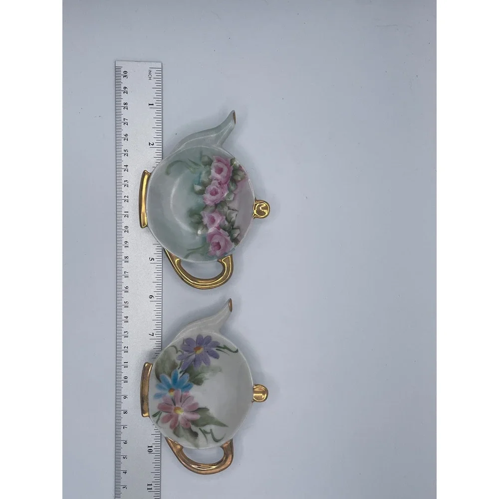 Vintage Dorothy Garber Hand Painted Porcelain Teapot Tea Bag Holders Set of 2